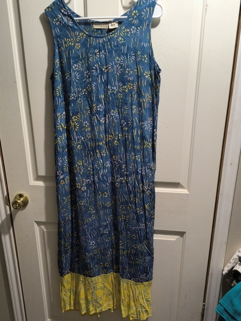 Sleeveless Blue Floral Maxi Dress with Yellow Ruffle Hem